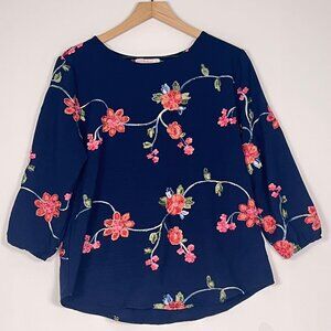 Ana & Rose Navy Blue Floral Boho Embroidered Blouse Size M 3/4 Sleeve
